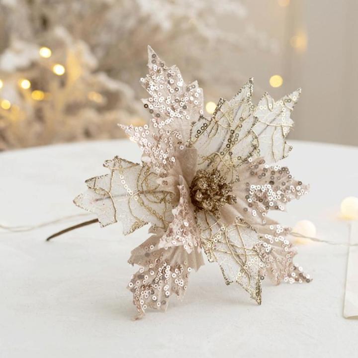 Poinsettia Blumen künstlich 8pcs 8x10in realistische Weihnachtsblumen mit Pailletten & Textur Stoff Poinettias Künstliche Weihnachtsblumen, Champagner, Poinsettias Künstliche We