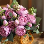 4 bossen kunstmatige bloemen pioen zijde pioenrozen boeketten nep bloemen boeketten bruiloft decoratie thuis tafel keuken kantoor tuin bruids groen (Cameo bruine knop)