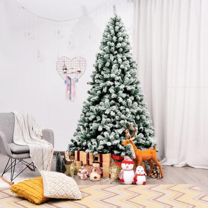 Kunstkerstboom met sneeuw en warmwitte ledverlichting, dennenboom met metalen standaard, pvc-naalden, kunstboom, kerstgroen, 225 cm, 135/180/225 cm