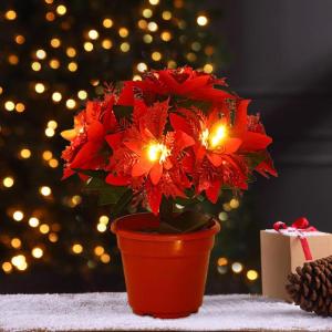 Künstlicher Weihnachtsstern Im Topf mit Licht, Künstliche Bonsai-Blume, Topfpflanze mit Topf für Weihnachtsfeier, Weihnachten, Urlaub, Zuhause, Esstisch, Büro, (A)
