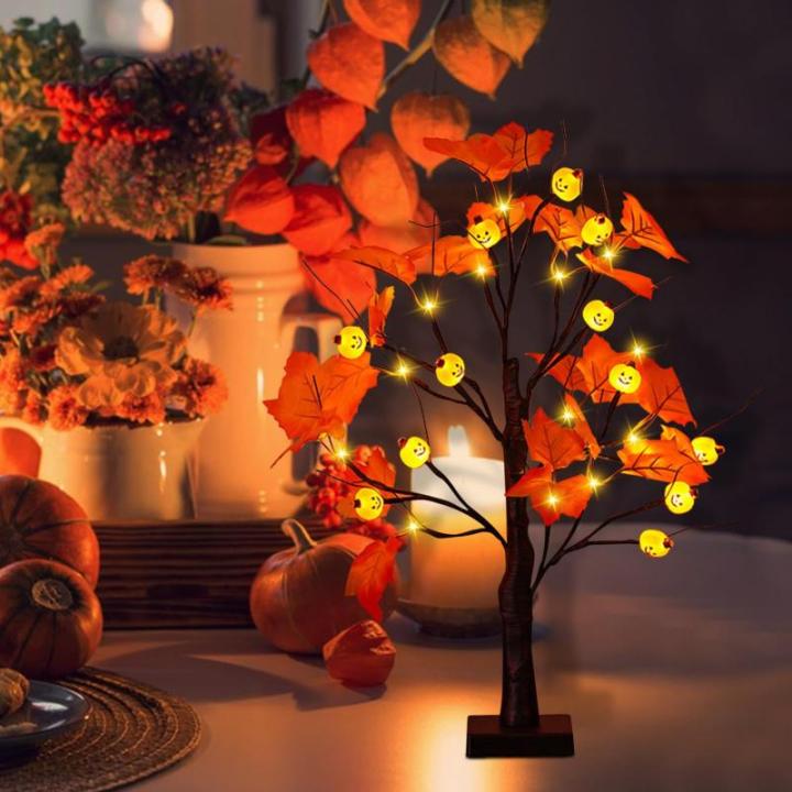 Halloween decoratie voor binnen, zwart esdoornblad, boomverlichting met 24 leds, Halloween-decoratie, griezelige lichtboom met led-spinnenlicht, berkenboom met timer voor Halloween