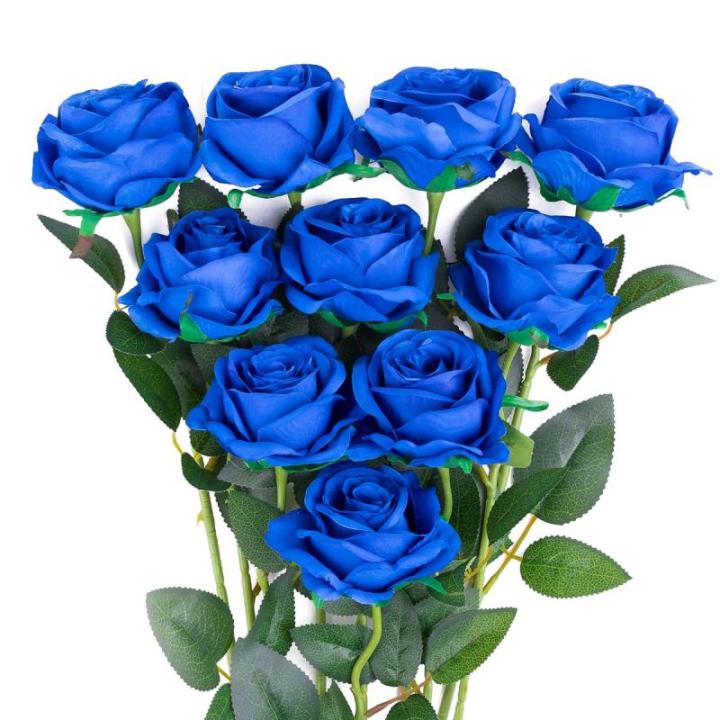 10 stuks zijden kunstrozen bloemen bruidsboeket bloemen (blauw)