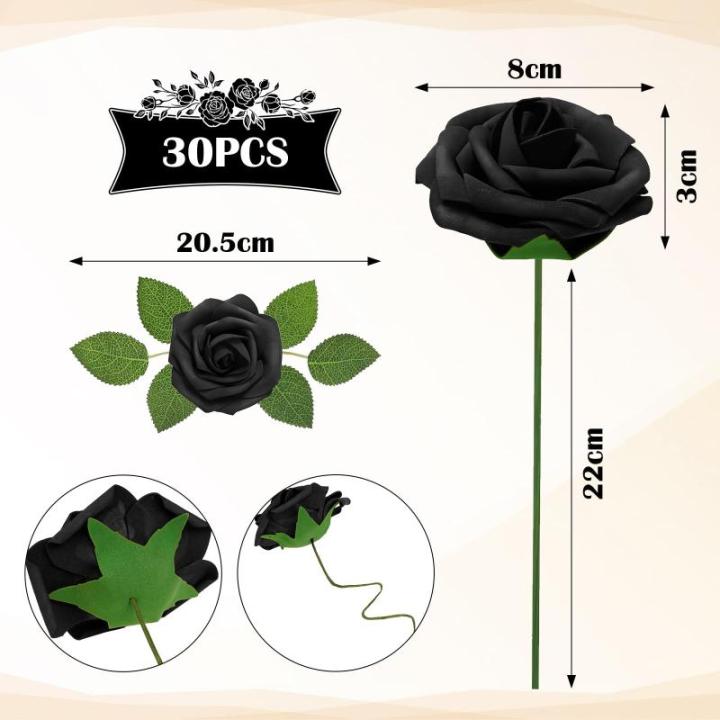 Kunstbloemen, zwarte rozen, 30 stuks, 8 cm, boeket, kunstdecoratie, bloemen, kunstrozen met stelen en kaart voor Valentijnsdag, tuin, verjaardag, feest, doe-het-zelf bruiloftsdecor