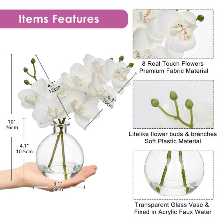 2 stuks kunstorchideeën wit met glazen vaas, kunstplant decoratie orchideeën kunstbloemen in vaas met Real Touch bloemen, namaak-orchideeën, kunstmatige bonsai voor hotel, woonk