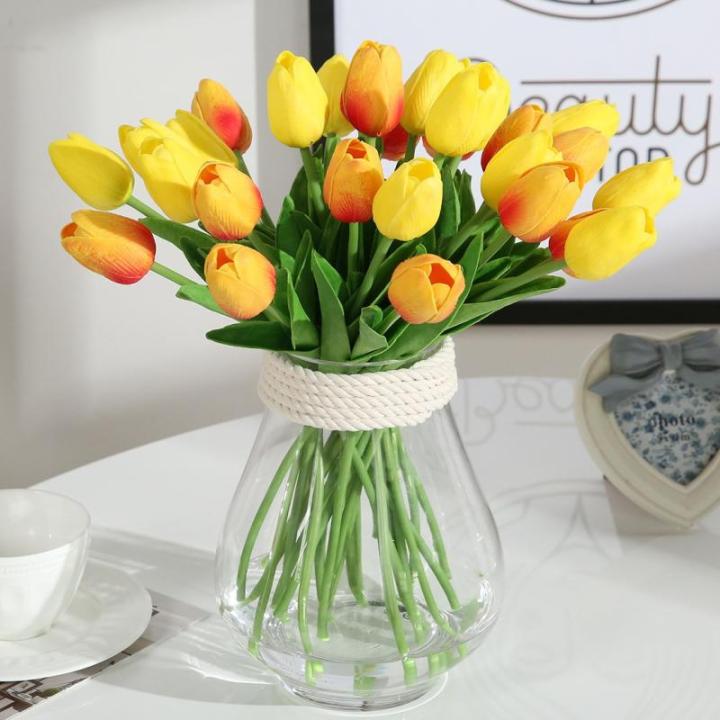 10 stuks PU Real Touch Latex Kunstmatige tulpen neptulpen bloemen boeketten bloemenarrangement voor huis kamer bruiloftsboeket middenstuk, oranje
