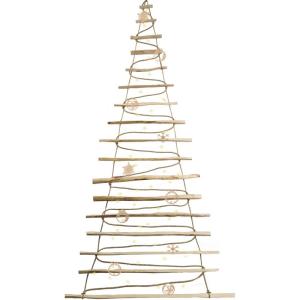 Handgemaakte kerstboom 205 cm hoog met decoraties, van hazelnoothout, decoratieve hanger, met 10 m ledlampen, houten platen verbonden met een jute touw met een dikte van 6 mm