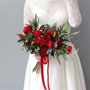 Hochzeitsstrauß for die Braut mit künstlichen Blumen, Vintage-Brautstrauß in Rot, Rosen- und Grüntöne, Braut mit Blumen, Seiden-Hochzeitssträuße, Zubehör