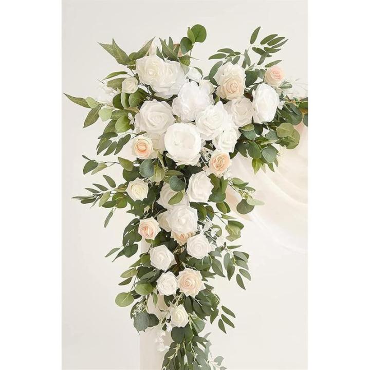 Künstliche Hochzeitsbogenblumen (5er-Pack) mit 2 Blumengirlanden und 3 durchscheinenden Gaze-Drapierstoffen für Hochzeitsfeier, Kaminsims, Tischläufer, Heimdekoration, 7