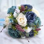 Hochzeitsstrauß for die Braut mit künstlichen Blumen, 10-Zoll-Hochzeitssträuße, künstlich blühende Rosen, Brautjungfernstrauß, Seidenrosen-Wurfsträuße.(Blue)