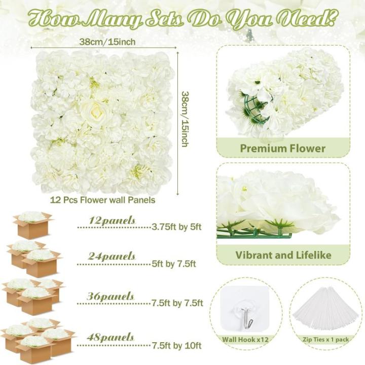 Blumen Wand Hintergrund Rosen Weiß: 3D Floral Panels Künstliche Hochzeit Dekorationen Girlande 1,5 m x 1,1 m für Party Braut Babyparty Hintergrund 12 Packungen
