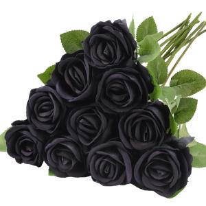 Kunstrozen, 10 stuks realistische zijden bloemen, enkele lange steel, namaakrozen, bruidsboeket voor bruiloft, thuis, feest, arrangement, hotel, tuindecoratie (zwart, 51 cm)
