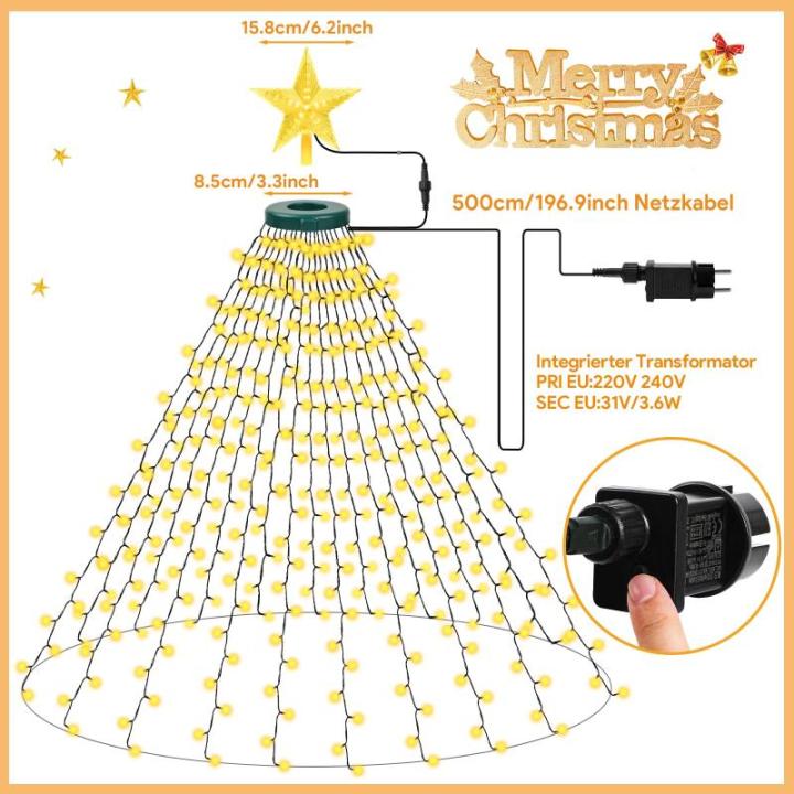 Lichtsnoer kerstboom met ring en topper ster, 400 leds, kerstverlichting, warmwit, 2 m x 16 strengen, 8 modi, waterdichte kerstverlichting, binnen en buiten, voor Kerstmis