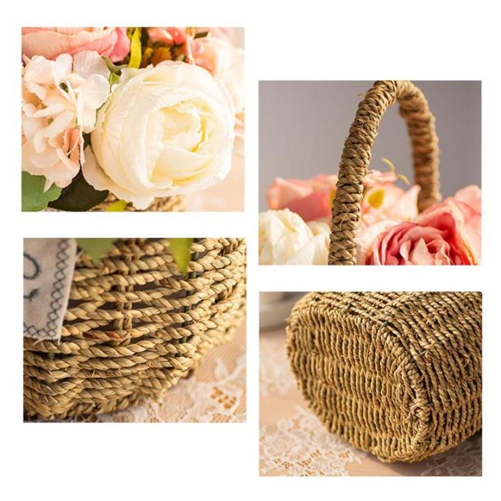 Kunstblumen Künstliche Blumen mit Vase, künstliche Hortensien mit Stroh-Handblumenkorb, künstliche Pflanzen-Dekor – Seidenrosen-Ornamente für jeden Anlass