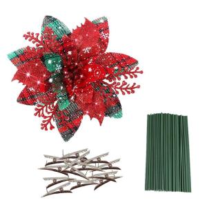 Künstliche Weihnachtsblumen, 24 Stück Weihnachtsbaumblumen mit Clips, Weihnachtsbaumschmuck, künstliche Blumenornamente für Winter, Hochzeit, Party, Kranz, Dekoration (rot + gr
