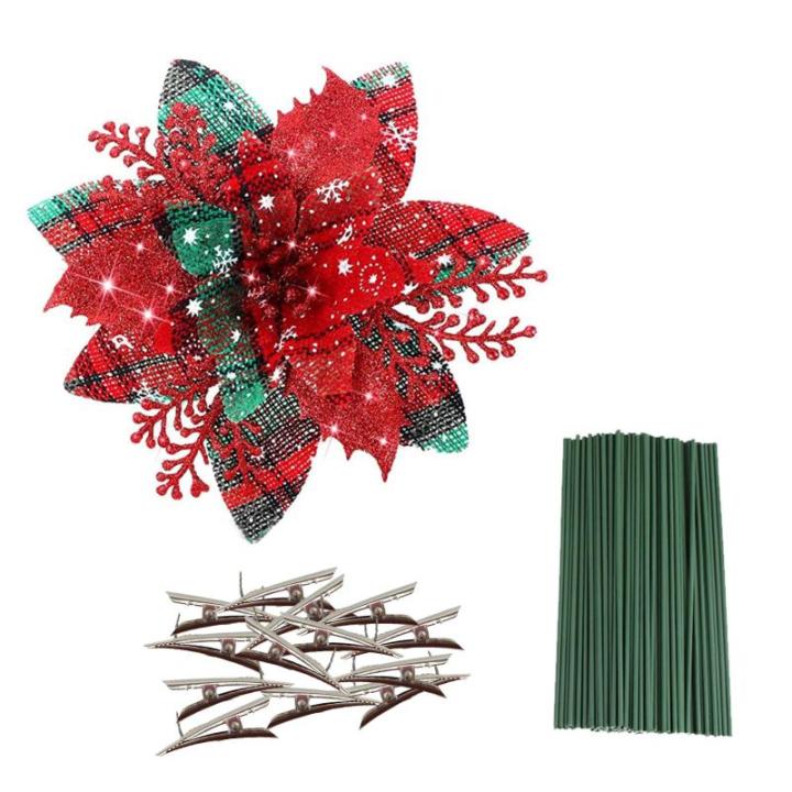 Künstliche Weihnachtsblumen, 24 Stück Weihnachtsbaumblumen mit Clips, Weihnachtsbaumschmuck, künstliche Blumenornamente für Winter, Hochzeit, Party, Kranz, Dekoration (rot + gr