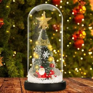Weihnachtsbaumschmuck,Mini Weihnachtsbaum in Glaskuppel auf Holzsockel,Weihnachtsbaum für den Tisch mit LED Lichtern,Geschenk für Tischdekoration,Partydekoration,Weihnachten
