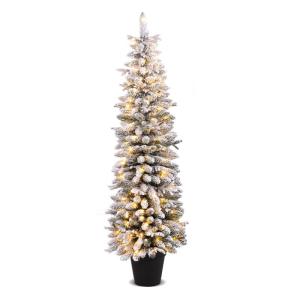 Kunstkerstboom met sneeuw, 120/140 warmwitte leds, 8 transformatiemodi, 249/334 takpunten, van PE en pvc, 150 cm/180 cm, met cementbasis (180 cm)