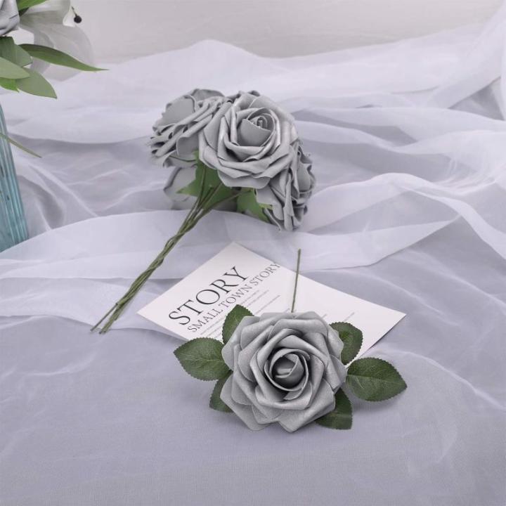 Künstliche Rosen Blume, 25 Stück Schaumrosen Fake Rosen mit Stielen für Hochzeit Blumensträuße Braut Babydusche Party Zuhause Dekoration, Silbrig