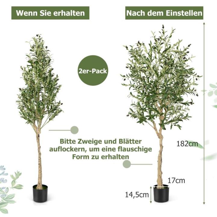 Kunstolijfboom, kunstplant 180 cm, kamerplant met cementpot, natuurlijke bladeren en 72 vruchten, kunstboom voor tuin, kantoor, thuis, , groen