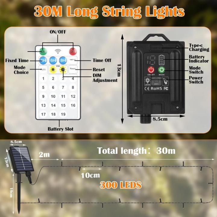 30m Solar Fairy Lights Buiten 300LED, 20 Modi Solar Fairy Lights Buiten met Afstandsbediening en Tijdcontrole, IP44 Buiten 30M 300 LED Bunt Farbwechsel RGB
