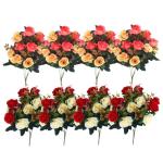 4 bundels begraafplaatsbloemen voor graf, rode begraafhofbloemen voor graf, valse rozen kunstbloemen voor graven, 12 bloemkoppen, zijden gedenkbloemen voor grafvaas, kunstbloemen 1