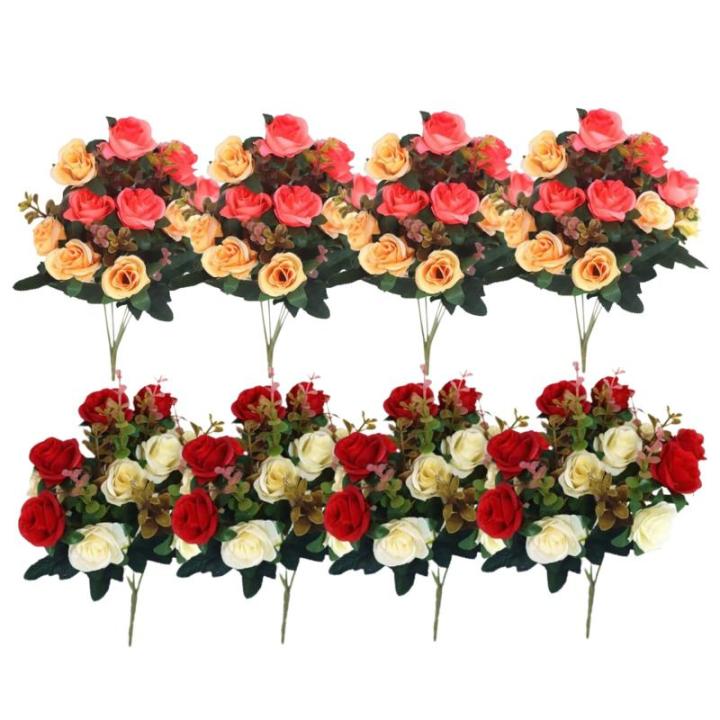 4 bundels begraafplaatsbloemen voor graf, rode begraafhofbloemen voor graf, valse rozen kunstbloemen voor graven, 12 bloemkoppen, zijden gedenkbloemen voor grafvaas, kunstbloemen 1