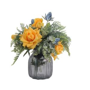 Kunstblumen Künstliche Blumen im Topf, gelbe Rosensträuße mit Glasvase, Kunstblumen-Set für Hochzeit, Zuhause, Wohnzimmer, Tischdekoration für jeden Anlass