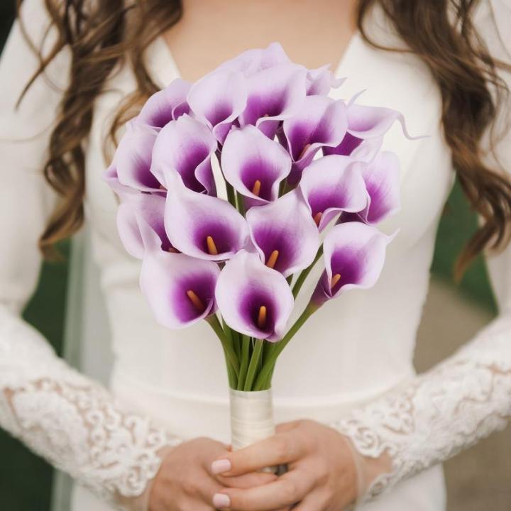 20 stuks , Calla-lelie, voor decoratie, kunstcalla-lelies, paars en wit, boeket, van realistisch latex, , boeket decoratie