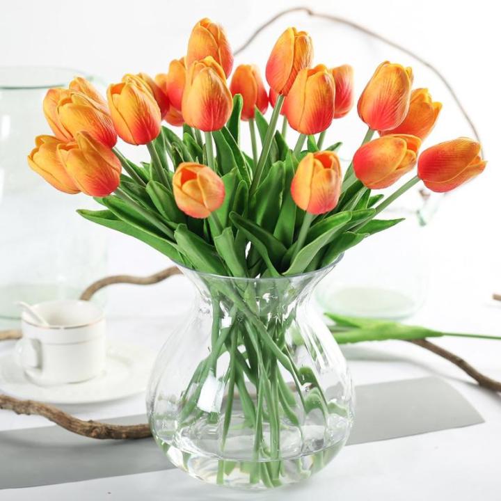 10 stuks PU Real Touch Latex Kunstmatige tulpen neptulpen bloemen boeketten bloemenarrangement voor huis kamer bruiloftsboeket middenstuk, oranje