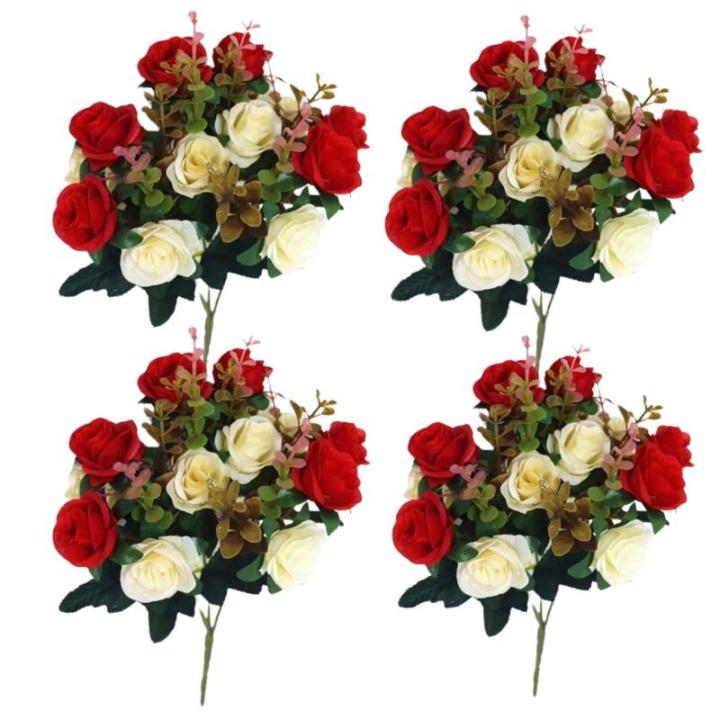 Friedhofsblumen für Grab, 4 Bündel Gefälschte Rosen 11.8 '' Künstliche Blüten für Graves 12 Blumenköpfe Seidengedenkblumen für Grab Vase Cemetery Dekor rot, künstliche Blu