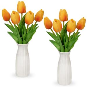 Kunstbloemen kunsttulpen bloemen als echte real touch tulpen, hoogte 30 cm, met vaas van keramiek, decoratieve kunstplant (oranje)
