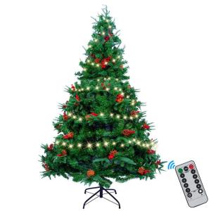 210 cm kerstboom met 25 m 500 leds lichtsnoer, pvc + PE kunstkerstboom met boom 900 takken/60 gemengde dennennaalden/60 rode bessen voor Kerstmis feestelijke decoratie
