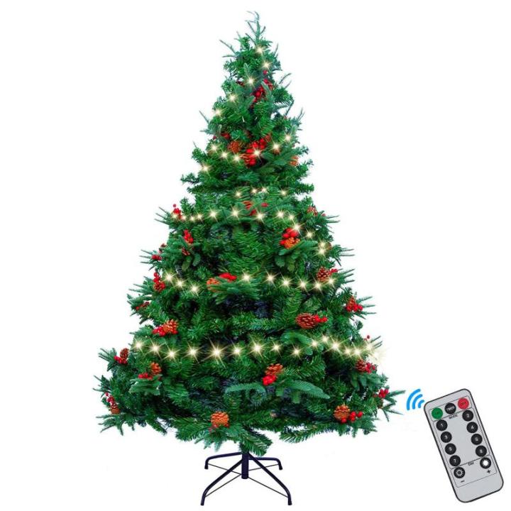 180 cm kerstboom met 15 m 300 leds lichtsnoer, pvc + PE kunstkerstboom met boom 688 takken/53 gemengde dennennaalden/53 rode bessen voor Kerstmis feestelijke decoratie