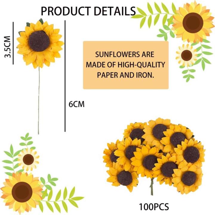 Kunstzonnebloemen, decoratie, 100 stuks met 5 stickers, enkele steel, zijde, zonnebloem als echt, nep zonnebloem, gele bloemen, voor bruiloft, feest, doe-het-zelf, uitnodigingskaar