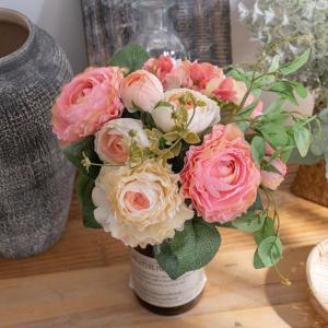 Kunstblumenstrauß Künstliche Blumen Deko Ranunkel Hortensien Pfingstrose Seide Blumenarrangements für Zuhause Blumenstrauß Hochzeit Garten Kunstblumen wie echt (Rosa & Champagn