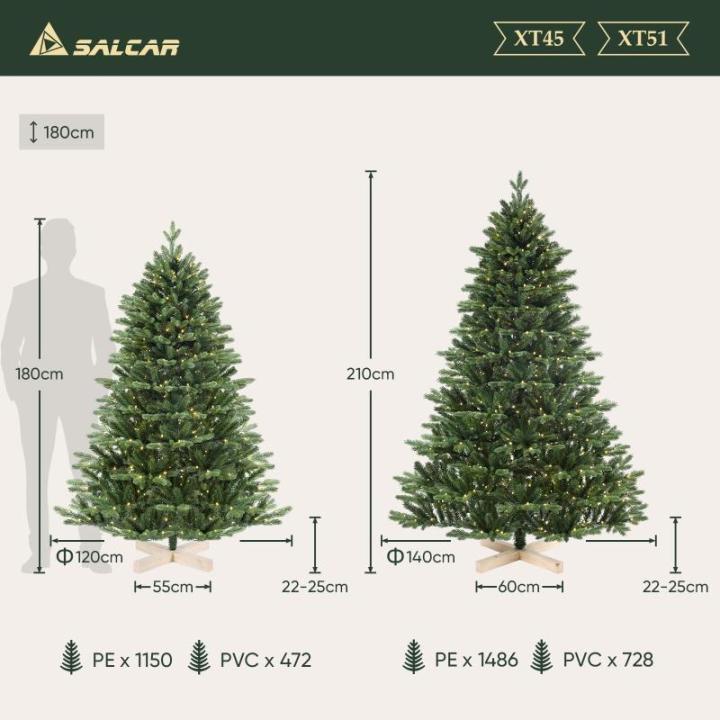 Kunstkerstboom 180 cm met warme LED-verlichting en houten standaard, PE spuitgietwerk en PVC dennenboom (Ø ca. 120 cm) met snelopbouw-klapsysteem