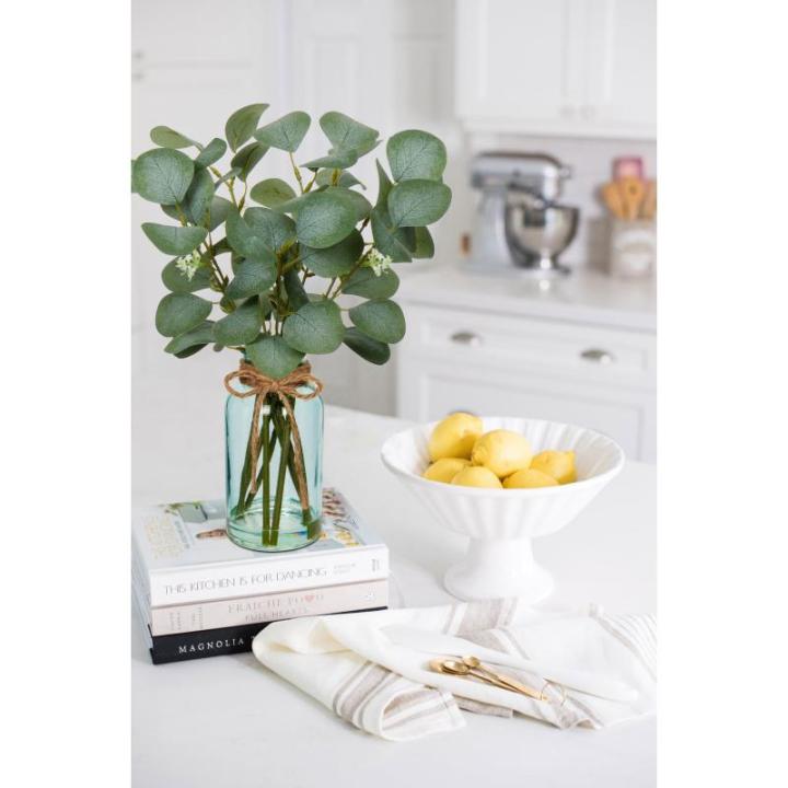 35 cm kunstmatige eucalyptus takken met blauwe glazen vaas, eucalyptus kunststof plant eucalyptus realistische eucalyptus decoratie zilveren dollar voor bruiloft, tafeldecoratie, k