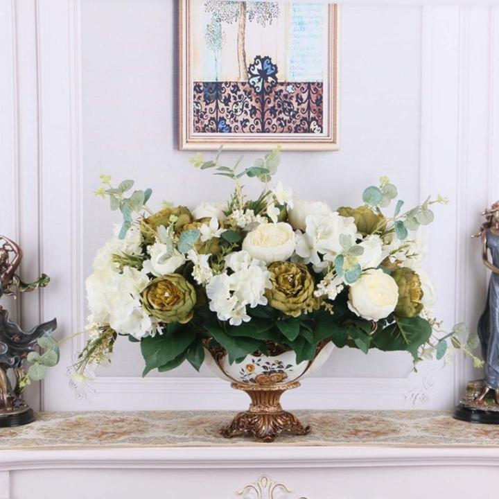 Kunstblumen Künstliche Blumen im europäischen Stil mit Harzvase, künstliche Pfingstrosenblumen-Tischaufsätze, gefälschte Blumensträuße für jeden Anlass