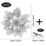 20 Stück Weihnachten Glitzer Weihnachtsstern Blumen mit Clips, Poinsettia Weihnachtsblume Glitzernde für Weihnachtsbaum Dekorationen (Silber)