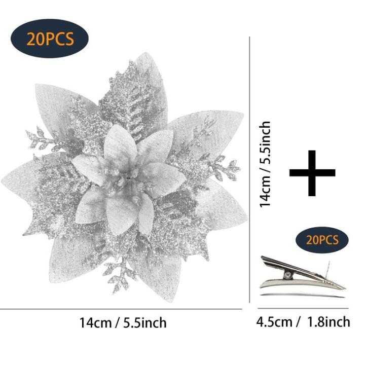 20 Stück Weihnachten Glitzer Weihnachtsstern Blumen mit Clips, Poinsettia Weihnachtsblume Glitzernde für Weihnachtsbaum Dekorationen (Silber)