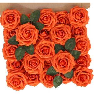 Kunstbloemen voor bruiloft, 25 stuks, kunstrozen met steel, voor Moederdag, doe-het-zelf boho-decoratie, bloemstukken, bloemstukken, boeketten, tafels, woondecoraties, herfstoranje