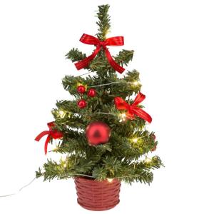 31486 - Decoratieve kerstboom met 20 leds in warm wit, ca. 25 cm hoog, met rode boomversiering in pot en USB-aansluiting, decoratie voor binnen, als winter-, advents- en kerstdecor