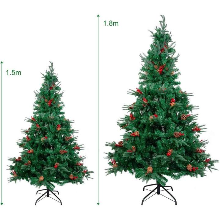 1,8 m kerstboom met dennenappels en bessen, PVC kunstmatige kerstboom met metalen standaard, kerstboom voor binnen en buiten, groen