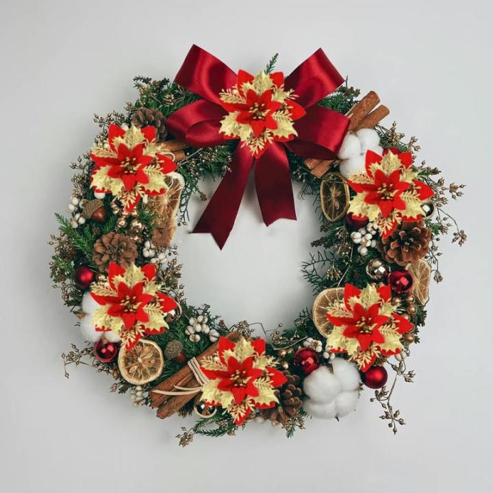 15 stuks 14 cm kunstmatige kerstster bloemen glitter met clips stengels kerstboom ornamenten voor krans feest bruiloft Nieuwjaar decoratie (rood gouden)