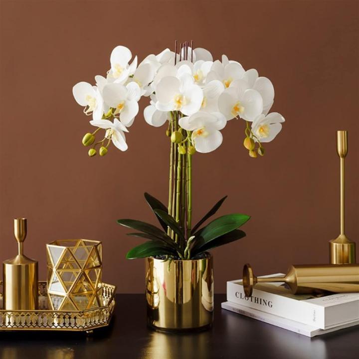 Kunstblumen Phalaenopsis-Blumenarrangement, künstliche Pflanzen und vergoldetes Keramikvasen-Set, simulierte Blumen-Tischdekoration für jeden Anlass