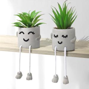 Kunstmatige potplant, leuke nepvetplant met hangende poten, emotioneel cement, vetplanten, potplant decoratie voor thuis, kantoor, tafel (2 stuks knipogen, verlegen zijn)