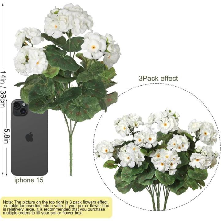 , 3 bundels voor buiten en binnen, namaakgeranium, zijden bloemen, decoratie, , uv-bestendig, geraniumstruik voor hangende tuin, veranda, raam, box, decoratie, wit
