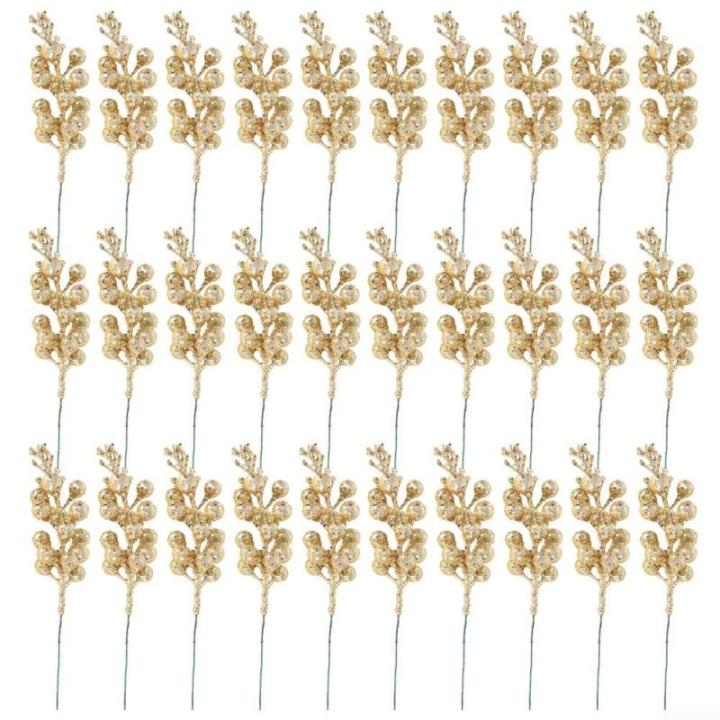 30 glitzernde künstliche Glitzer-Beerenstiel-Ornamente, Weihnachtsbaum-Plektren, glitzernde Zweige für Weihnachtsbaumdekoration, DIY, Basteln, Dekoration, Heimdekoration (Gold)