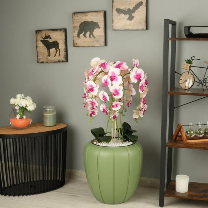 Kunstorchidee, cascade, bloemenboeket, crèmerosa in pot, groen, 90 cm hoog, rubberen bloemen, 5 scheuten, decoratie voor thuiskantoor