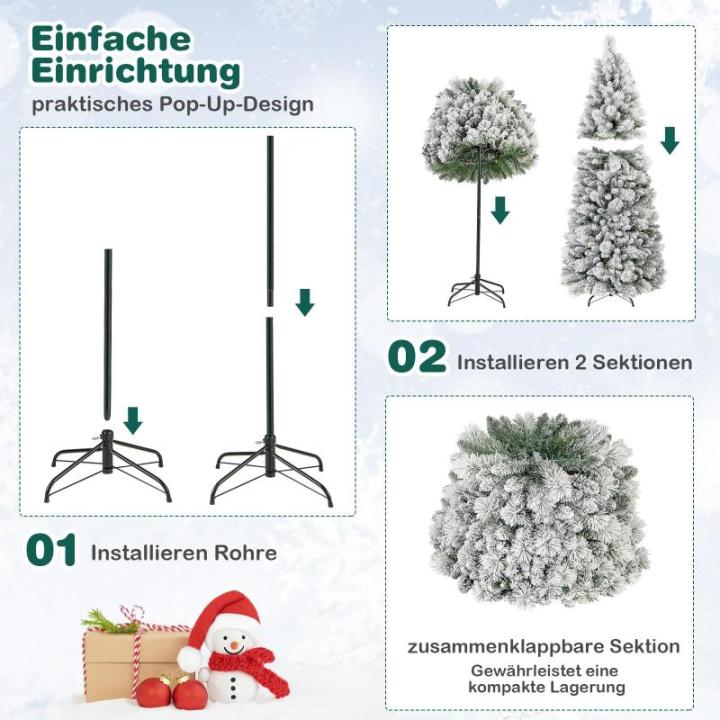 Kunstkerstboom met verlichting, 180 cm, pop-up dennenboom met 170 warmwitte ledlampen en 517 takuiteinden, gevlokte kerstboom, kunstboom voor thuis, bedrijf en kantoor